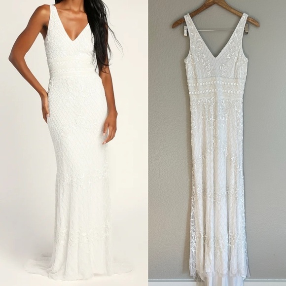 Lulus Dresses & Skirts - Simple Romance White Beaded Sequin Mermaid Maxi Dress